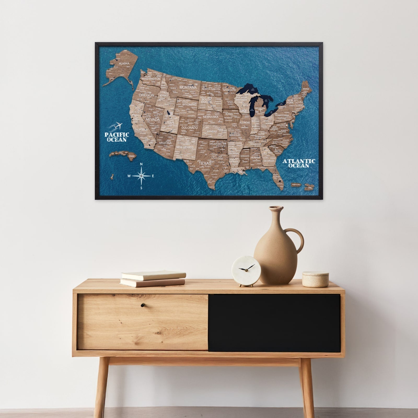 3D Wooden USA Map Wall Art Terra Minimalist Modern Home Decor