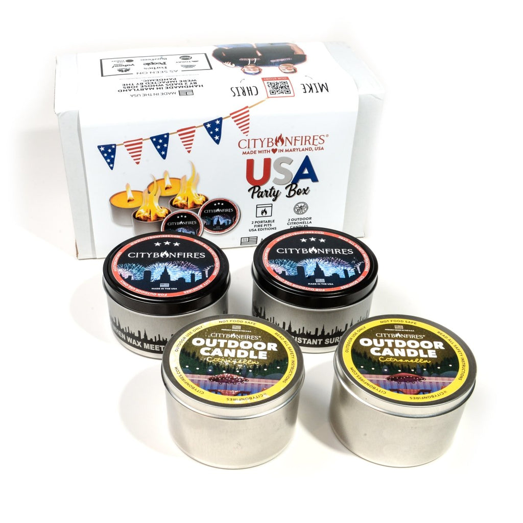 USA Party Box set with silver and black portable fire pits and citronella candles