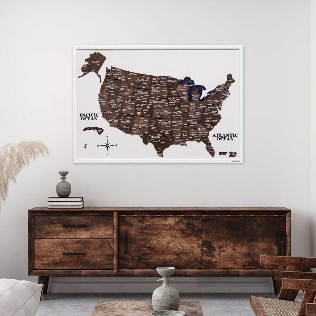 3D Wooden USA Map Wall Art in Dark Walnut Finish