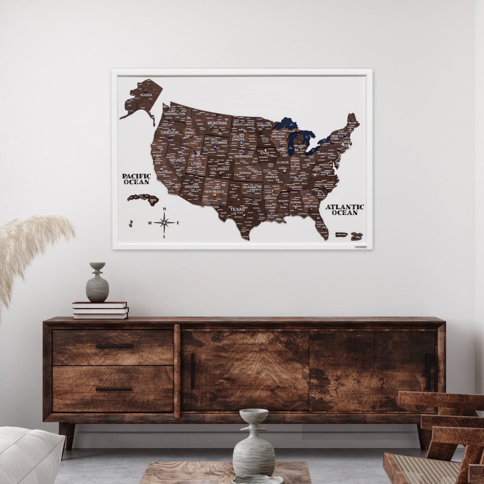 3D Wooden USA Map Wall Art in Dark Walnut Finish