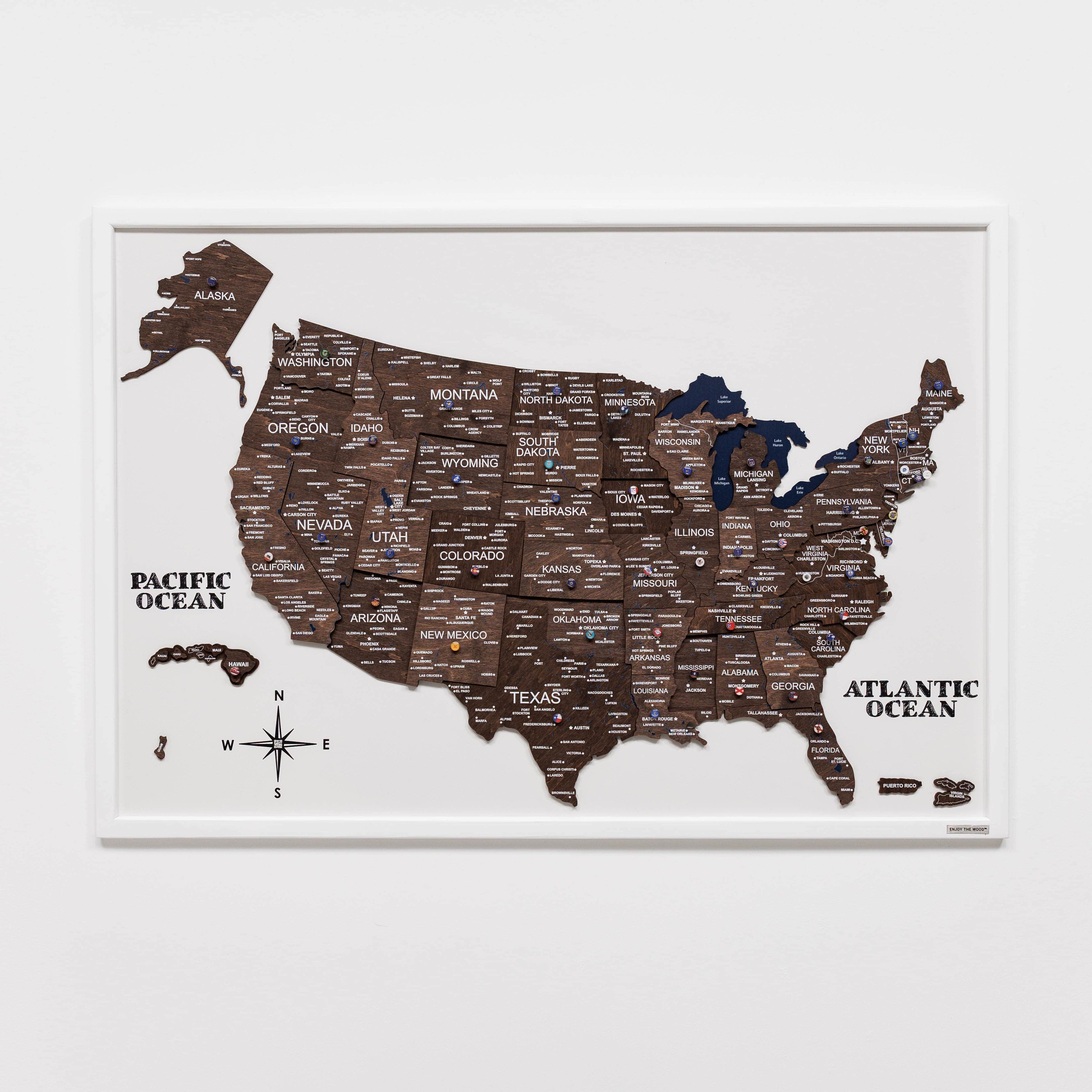 3D Wooden USA Map Wall Art in Dark Walnut Finish