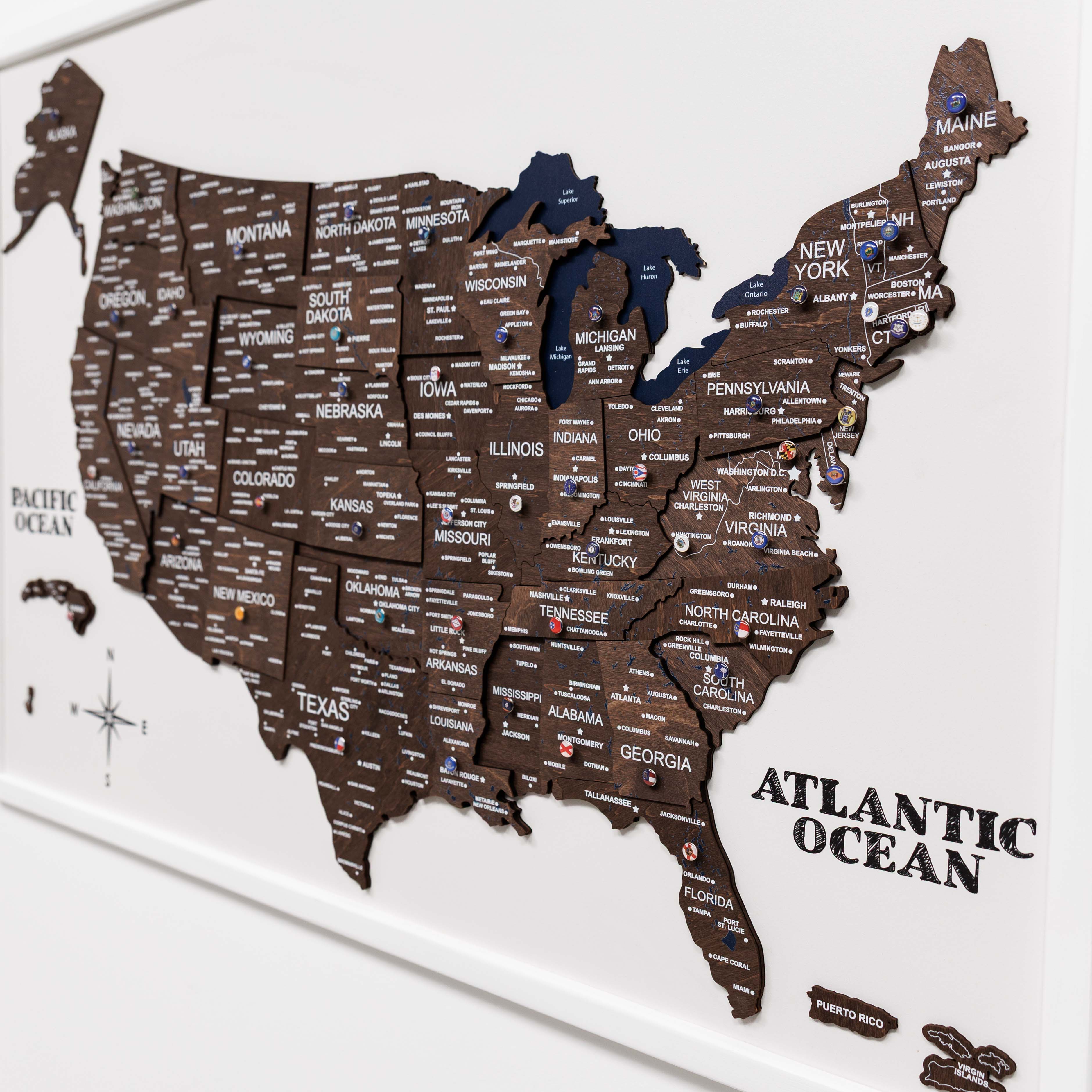 3D Wooden USA Map Wall Art in Dark Walnut Finish