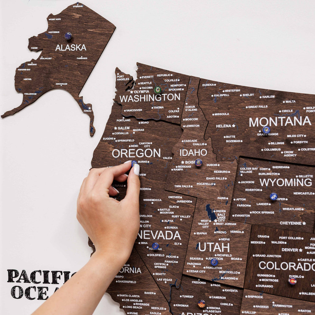 3D Wooden USA Map Wall Art in Dark Walnut Finish