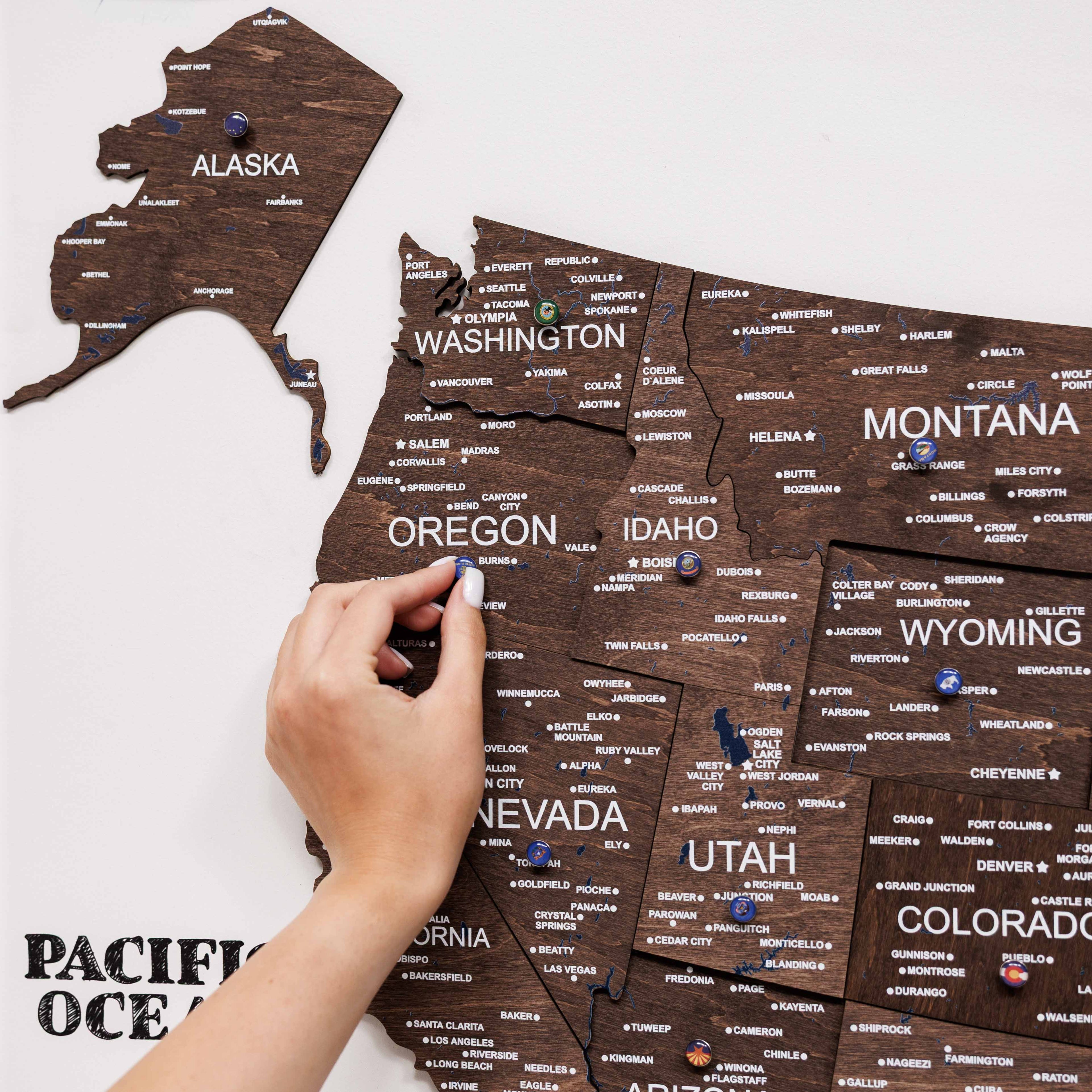 3D Wooden USA Map Wall Art in Dark Walnut Finish