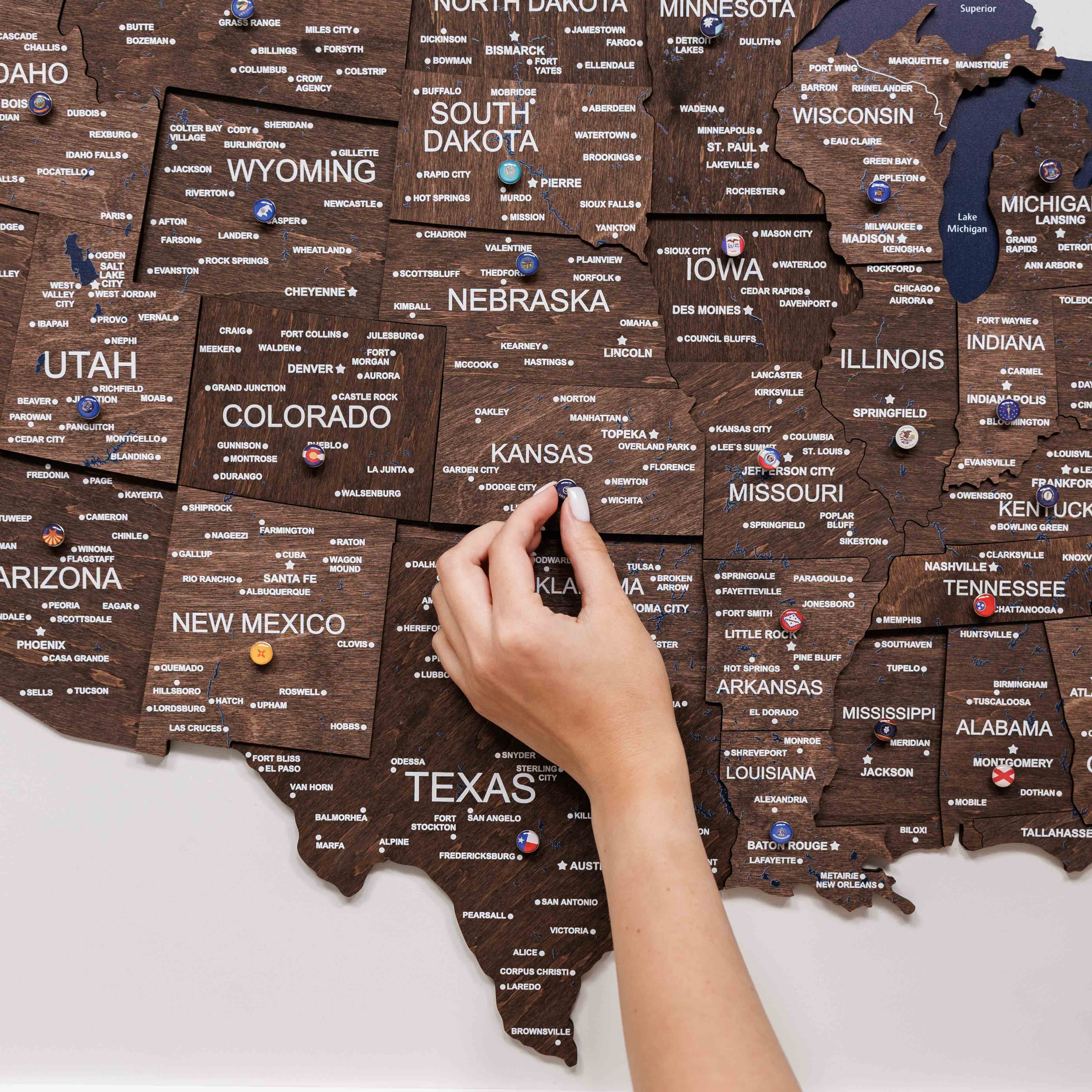 3D Wooden USA Map Wall Art in Dark Walnut Finish
