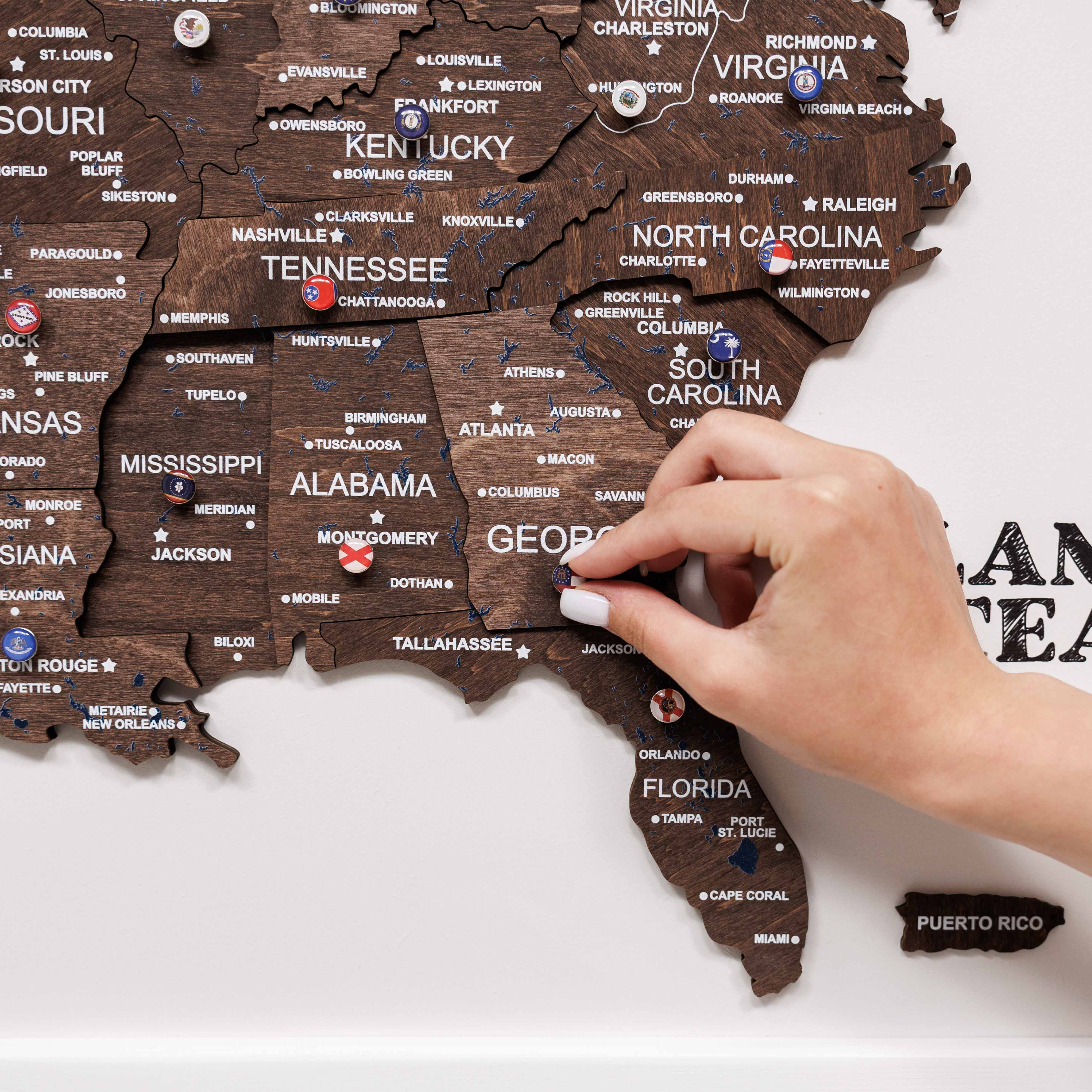 3D Wooden USA Map Wall Art in Dark Walnut Finish
