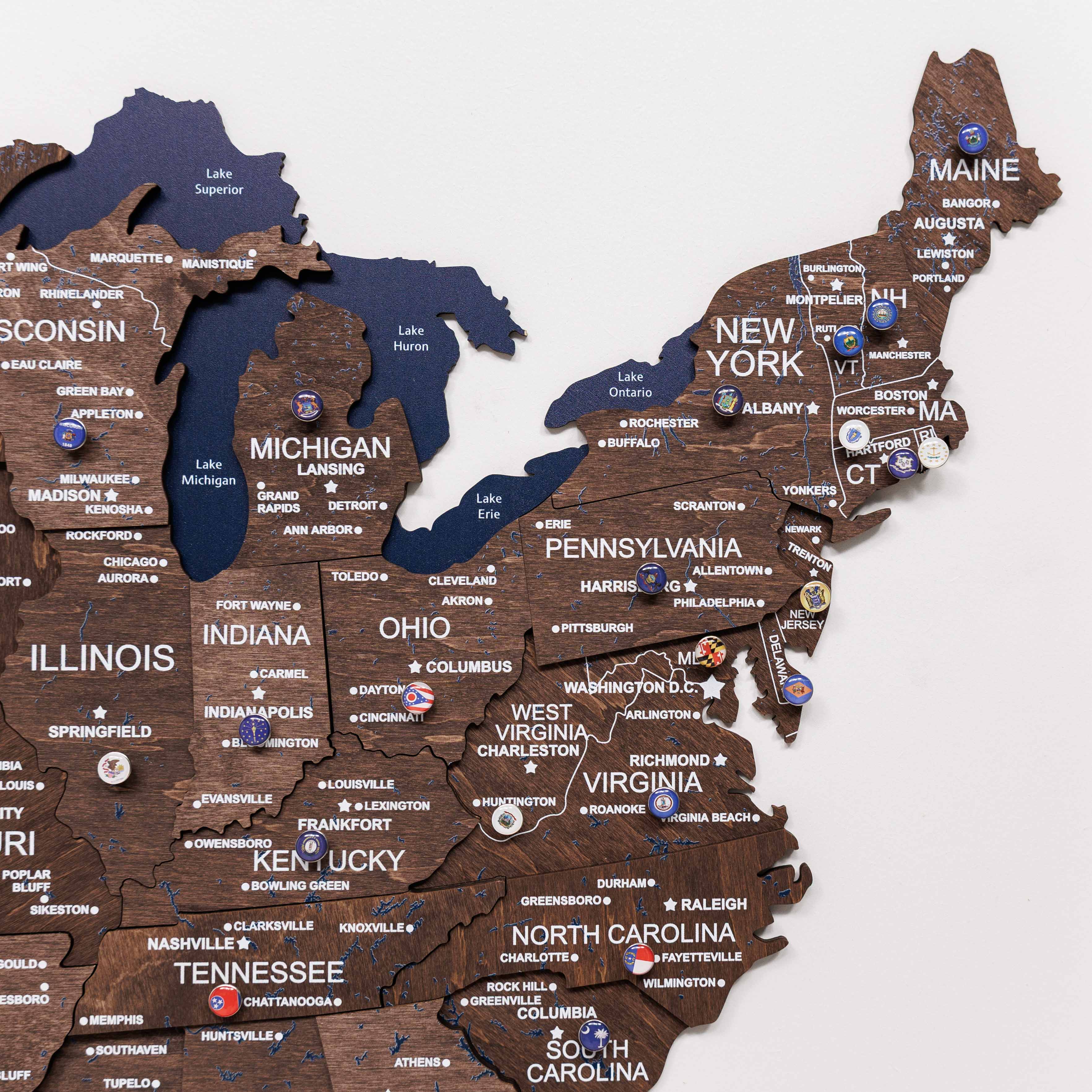 3D Wooden USA Map Wall Art in Dark Walnut Finish
