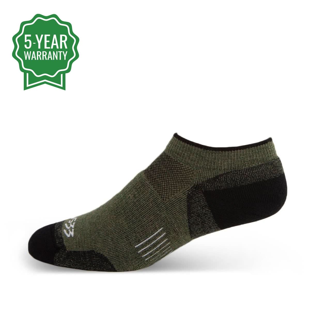 A selection of lightweight no-show Merino wool socks in olive green, black, tan, dark blue, and maroon colors.