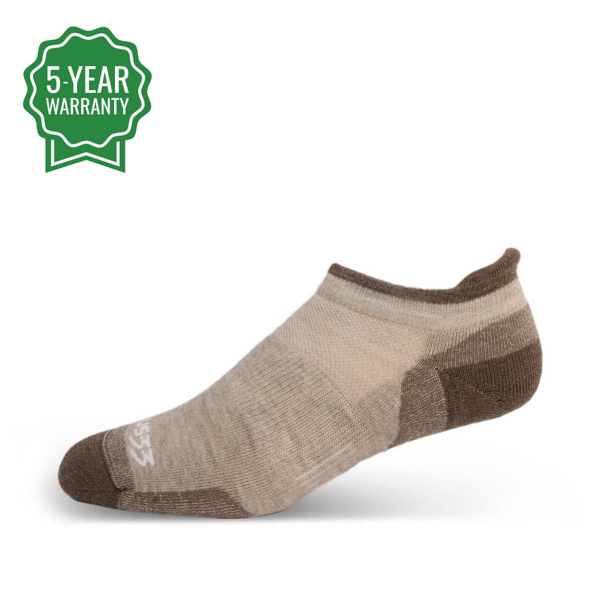 Unisex lightweight no-show wool socks in beige, brown, and black, featuring an Achilles tab and solid knit pattern.