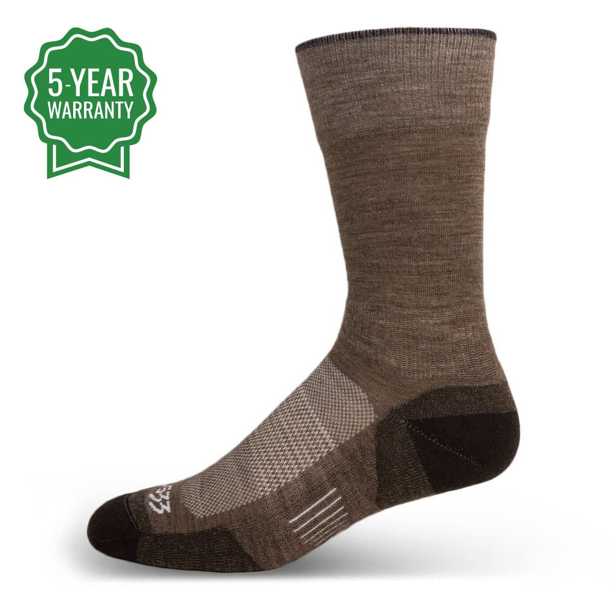 Close-up of Microweight Cushion Merino Wool boot socks in olive-green, beige, and brown on a wooden surface.