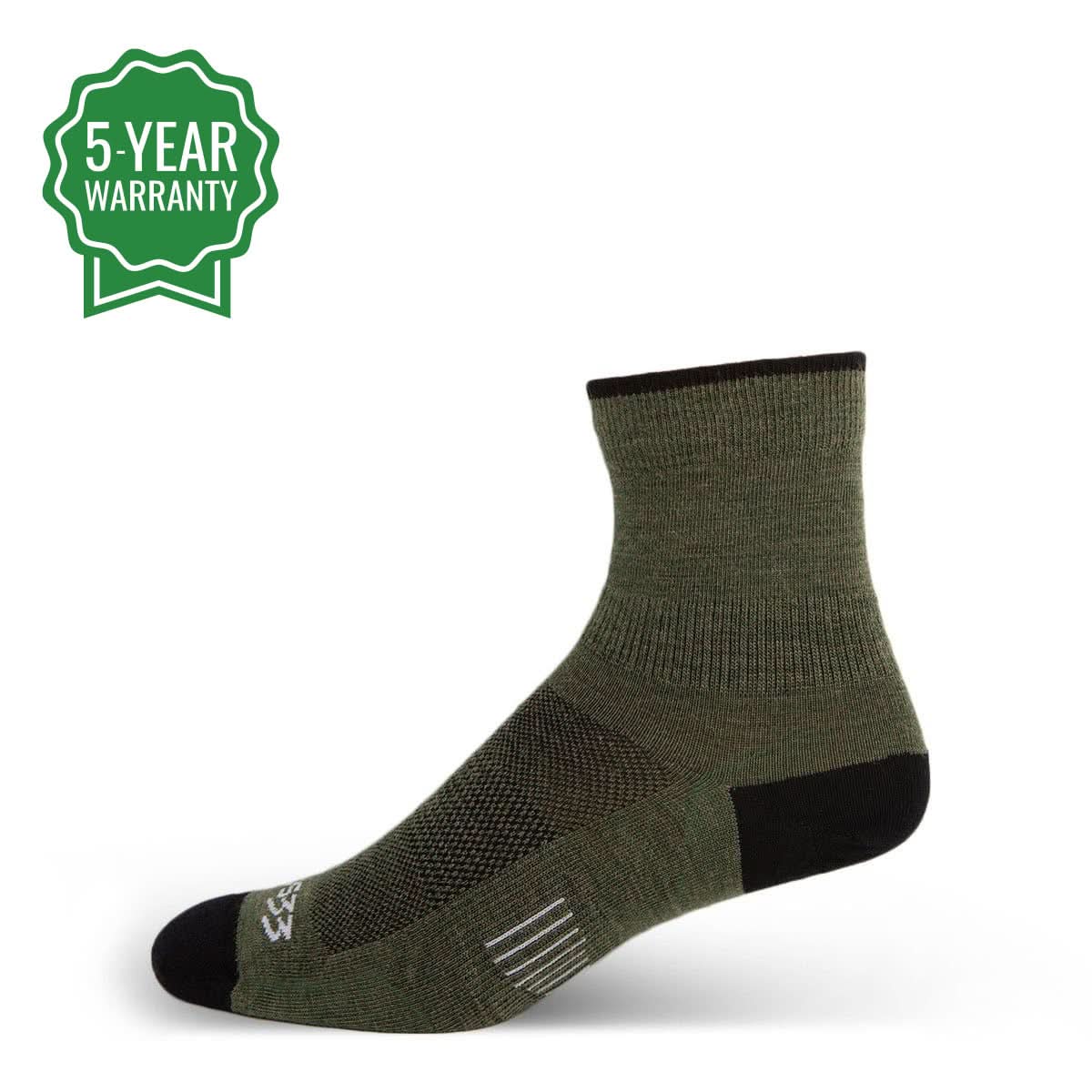 Close up of olive green, brown, and black knit wool hiking socks in a mini crew cut style