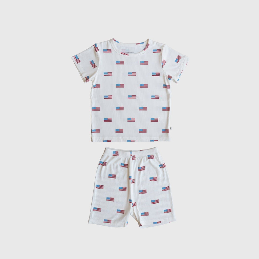 Kids Americana ribbed bamboo short set featuring red, white, and blue colors, including a top and biker shorts.