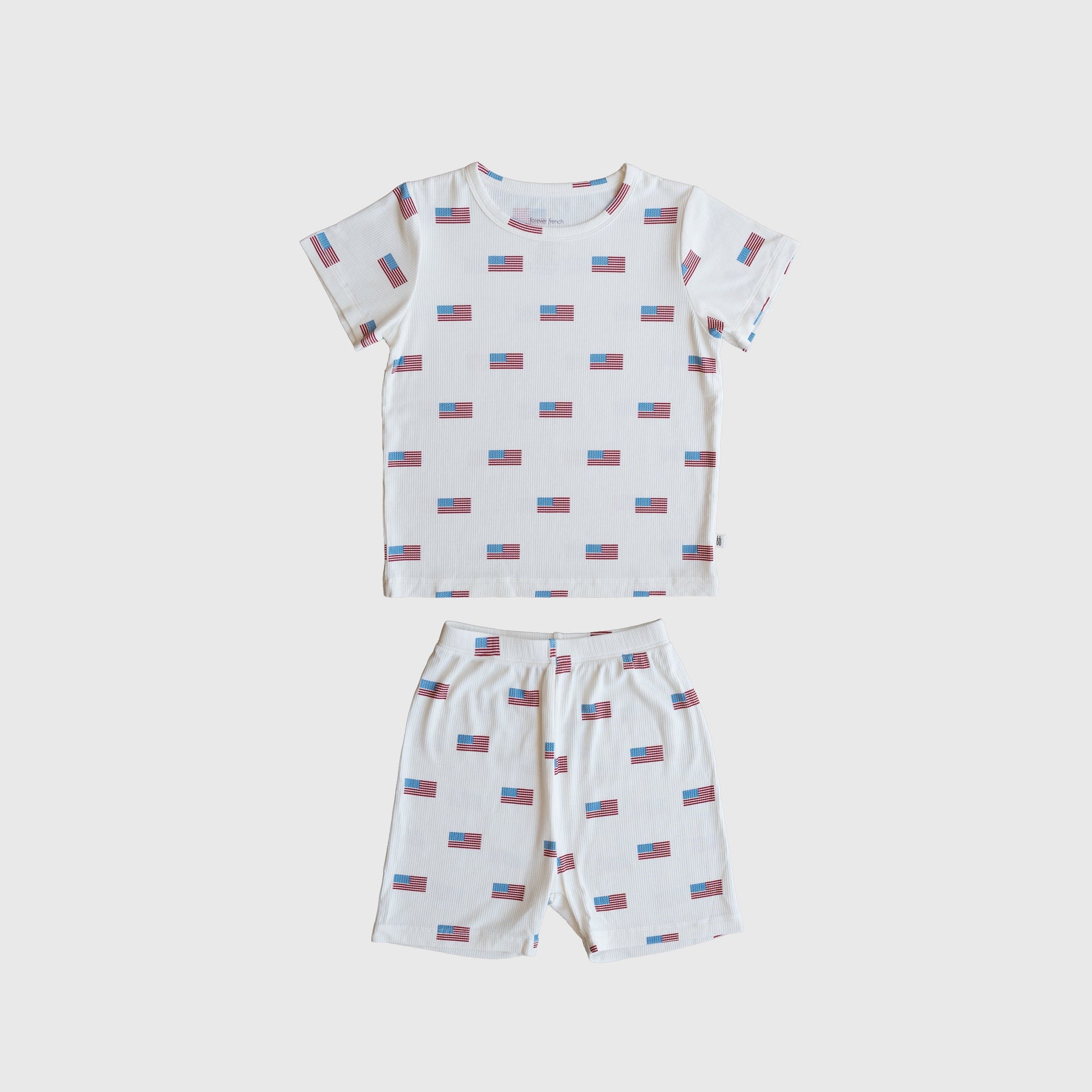Kids Americana ribbed bamboo short set featuring red, white, and blue colors, including a top and biker shorts.
