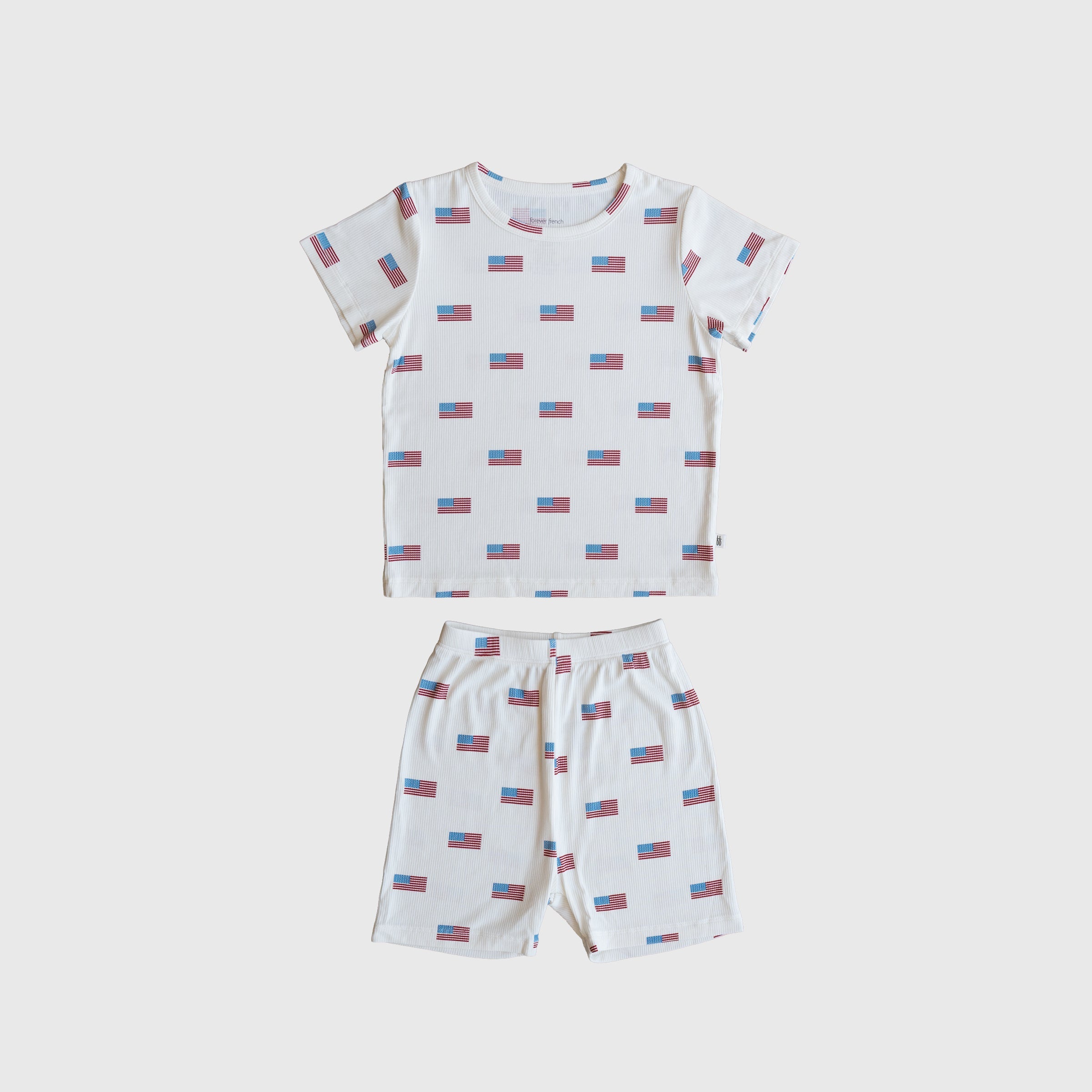 Kids Americana ribbed bamboo short set featuring red, white, and blue colors, including a top and biker shorts.