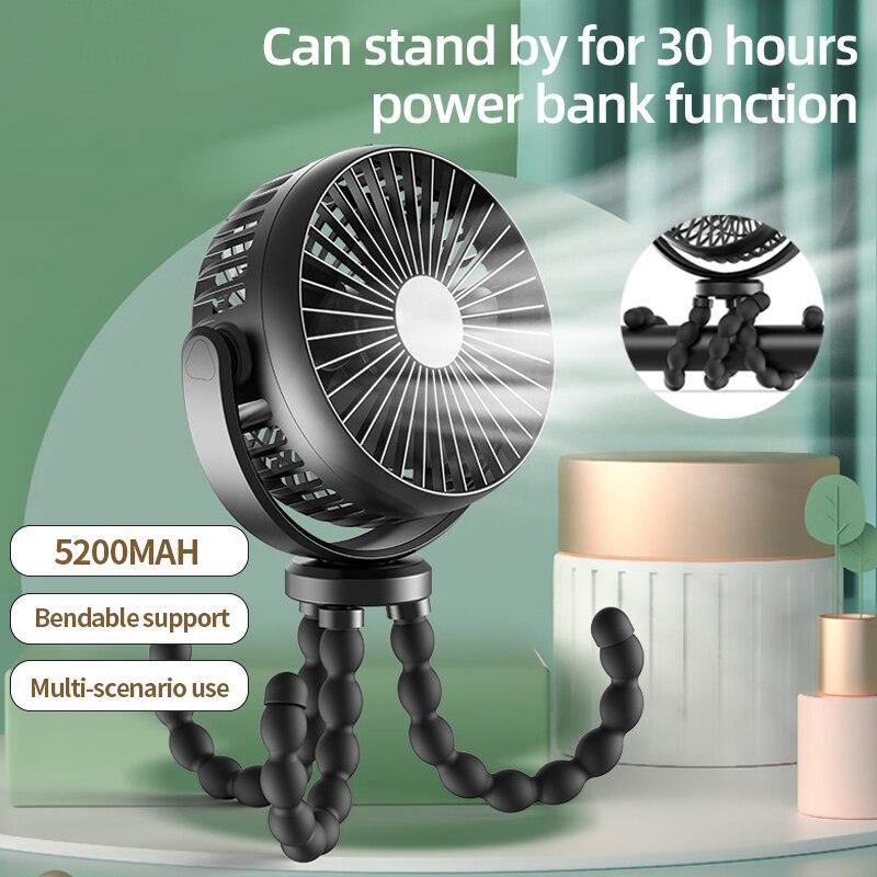 Minimalist black octopus tripod fan with flexible legs and phone stand feature.