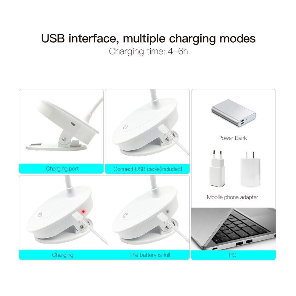 Rechargeable LED Clamp Desk Lamp with 3 Color Modes