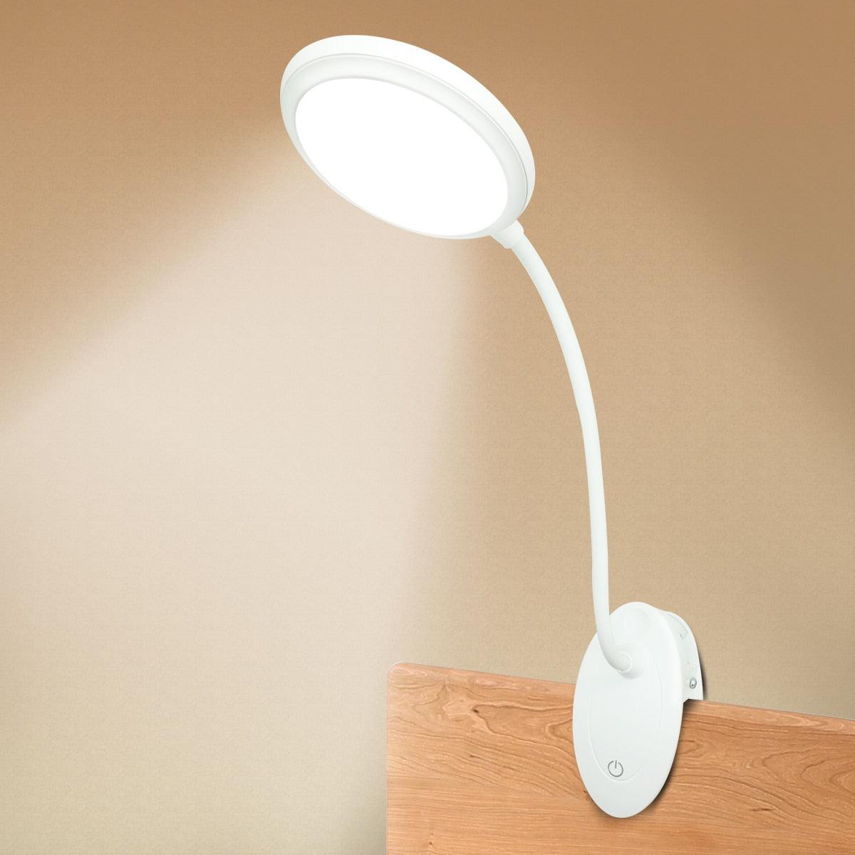 Rechargeable LED clamp desk lamp with gooseneck and adjustable color modes