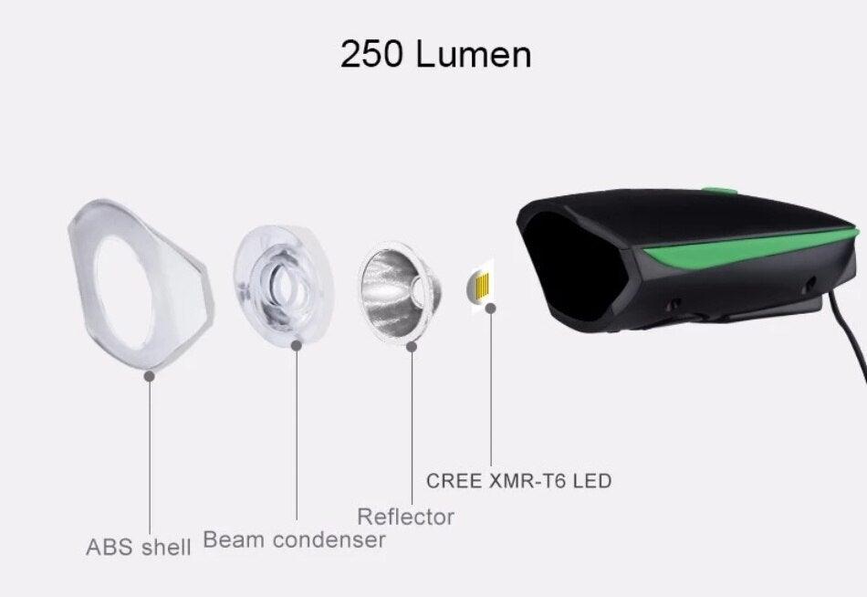 USB Rechargeable LED Bike Front Light with Electric Horn & Alarm