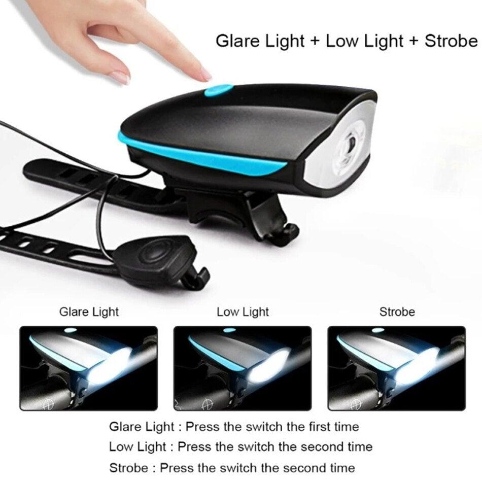 USB Rechargeable LED Bike Front Light with Electric Horn & Alarm
