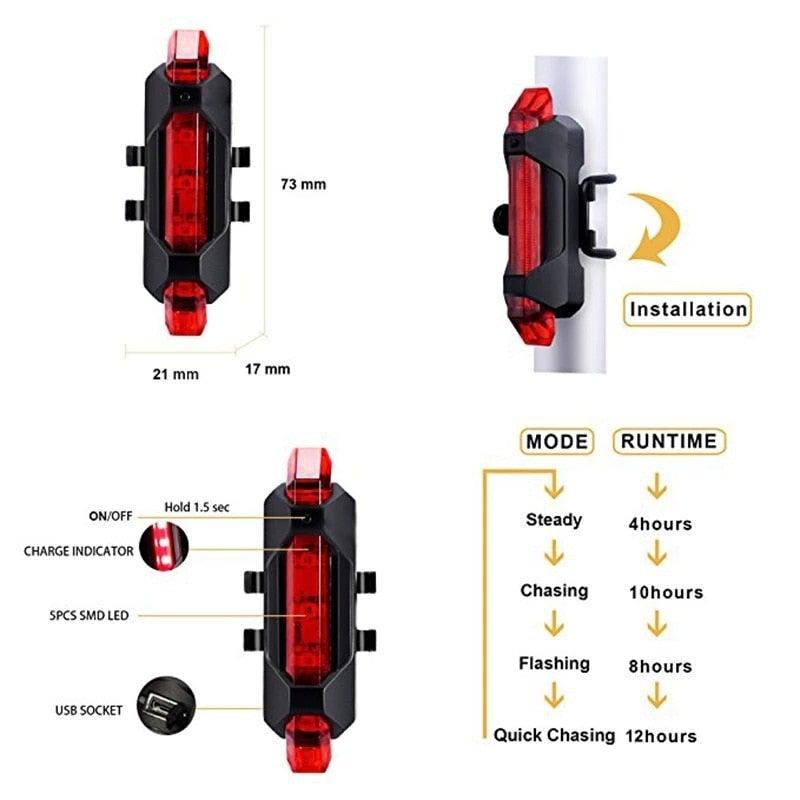 USB Rechargeable Waterproof LED Bike Safety Tail Light - 4 Colors