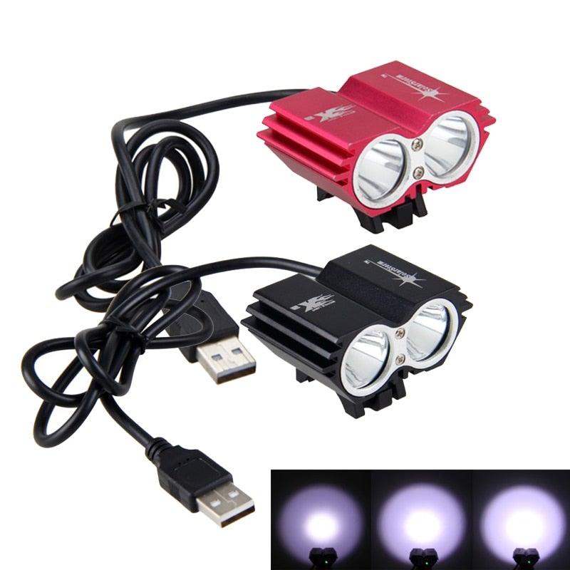 High-performance black and red aluminum LED front bike light with cooling fins