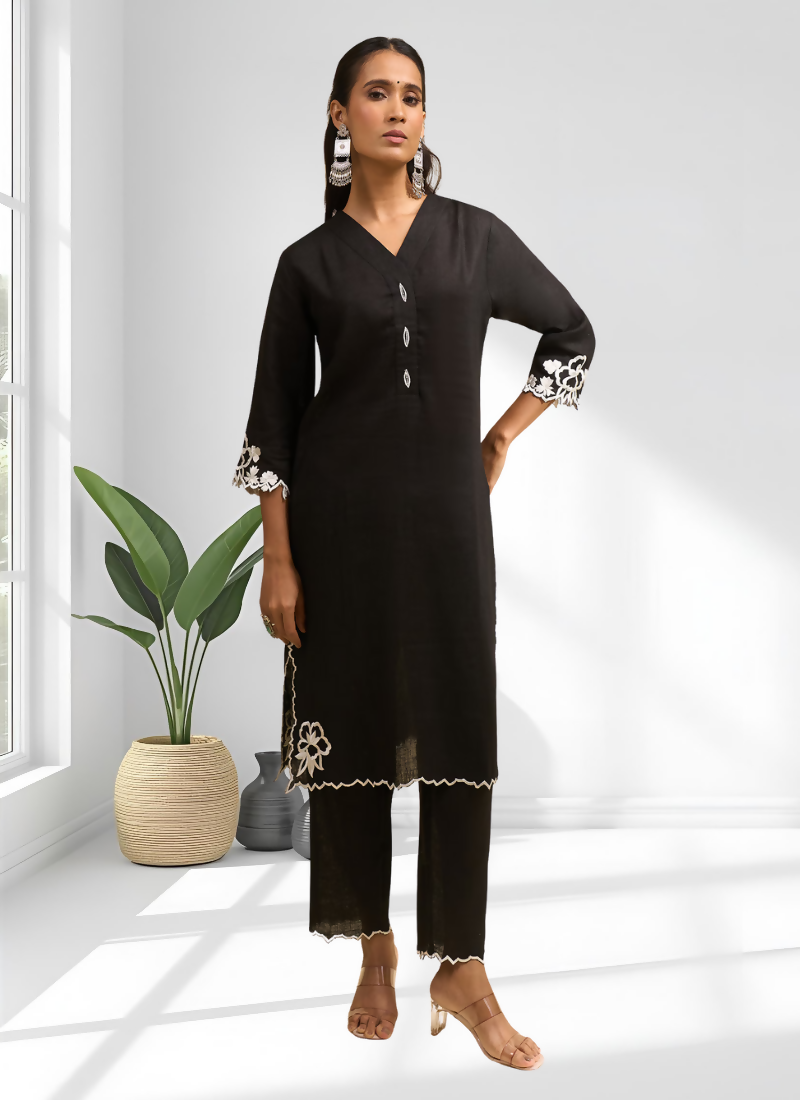 Black Embroidered Linen Long Kurta Set with Matching Pant