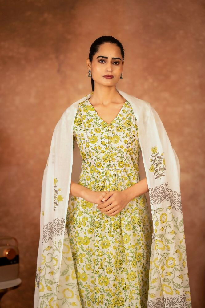Yellow Hand Block Printed Cotton Suit Set for Women