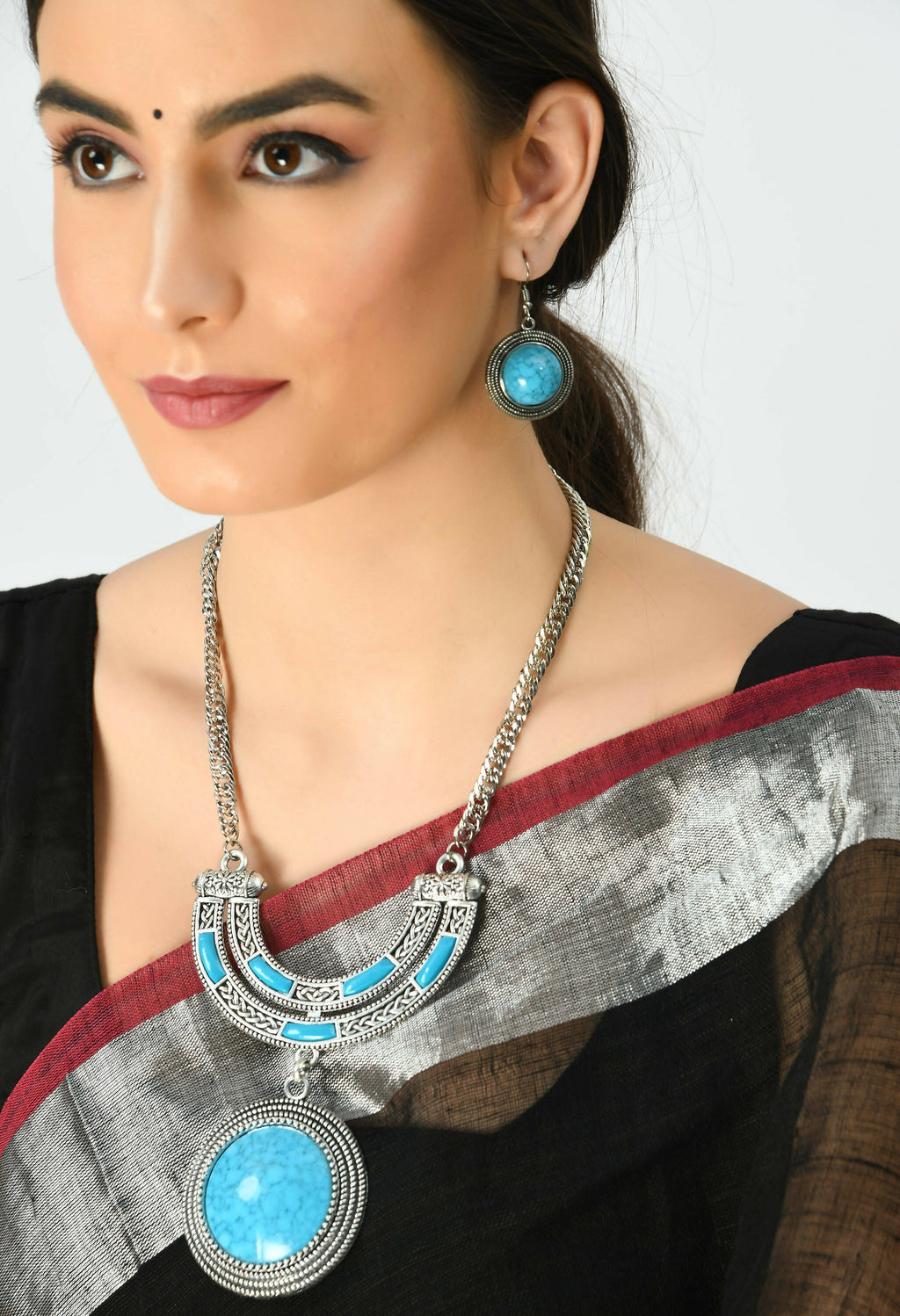 Oxidised Silver-Plated Sky Blue Stone Work Long Necklace
