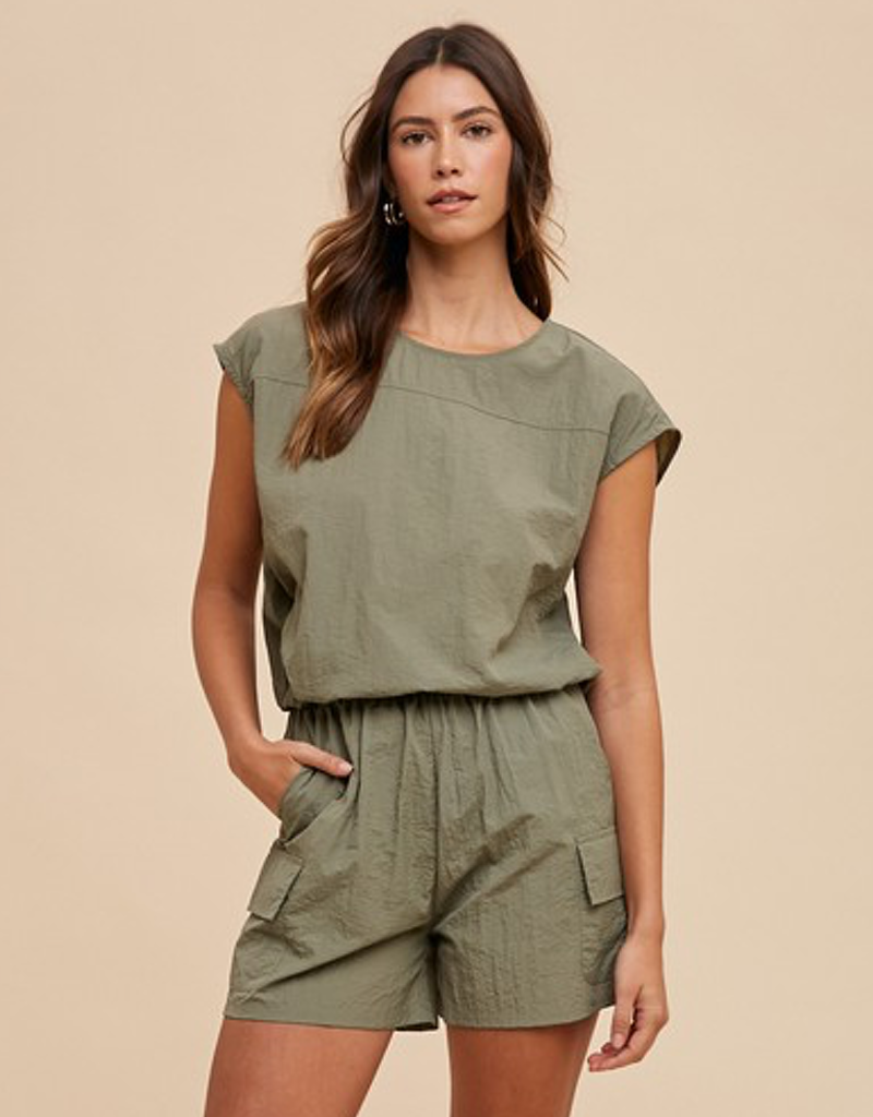 Utility Sportive Top and Cargo Shorts set in Olive featuring drop shoulder top and pocket-detailed shorts.