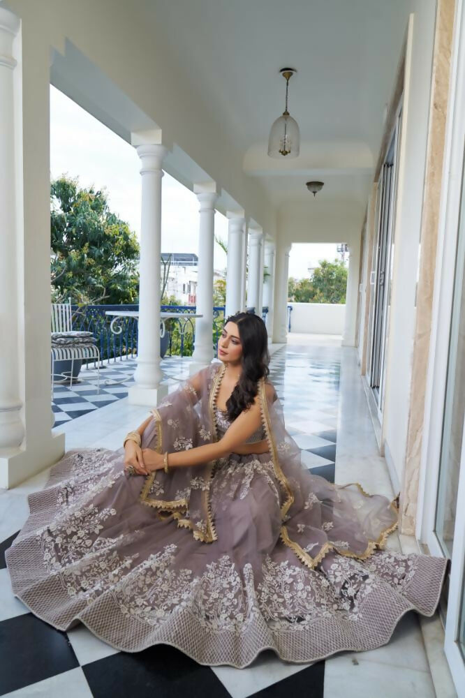 Light Dusty Brown Butterfly Net Wedding Lehenga with Thread Work