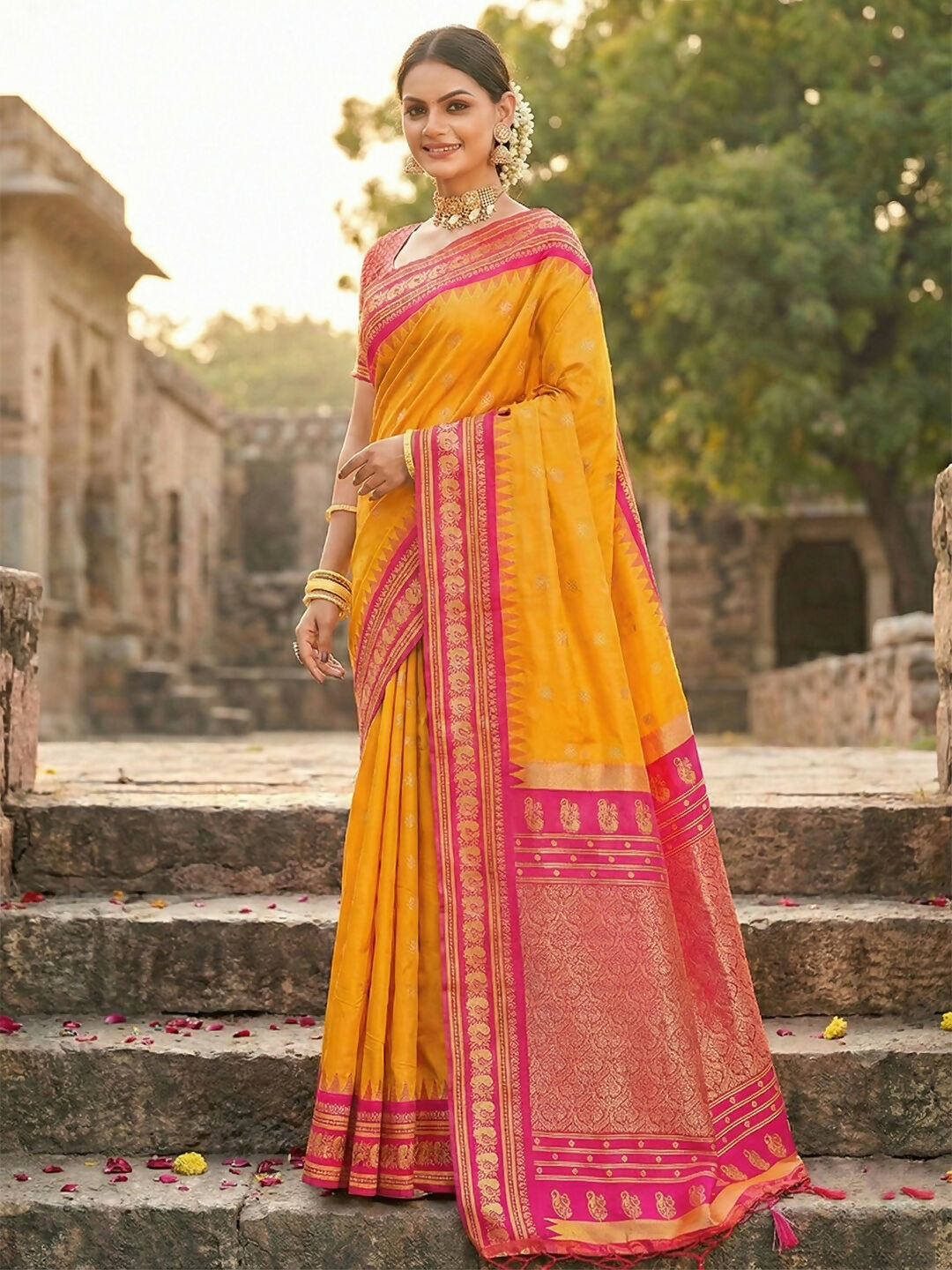 Yellow Soft Silk Saree with Matching Blouse Piece
