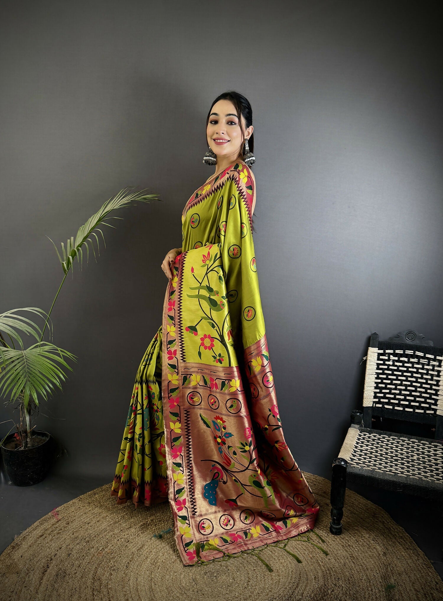 Light Green Paithani Soft Silk Meenakari Saree