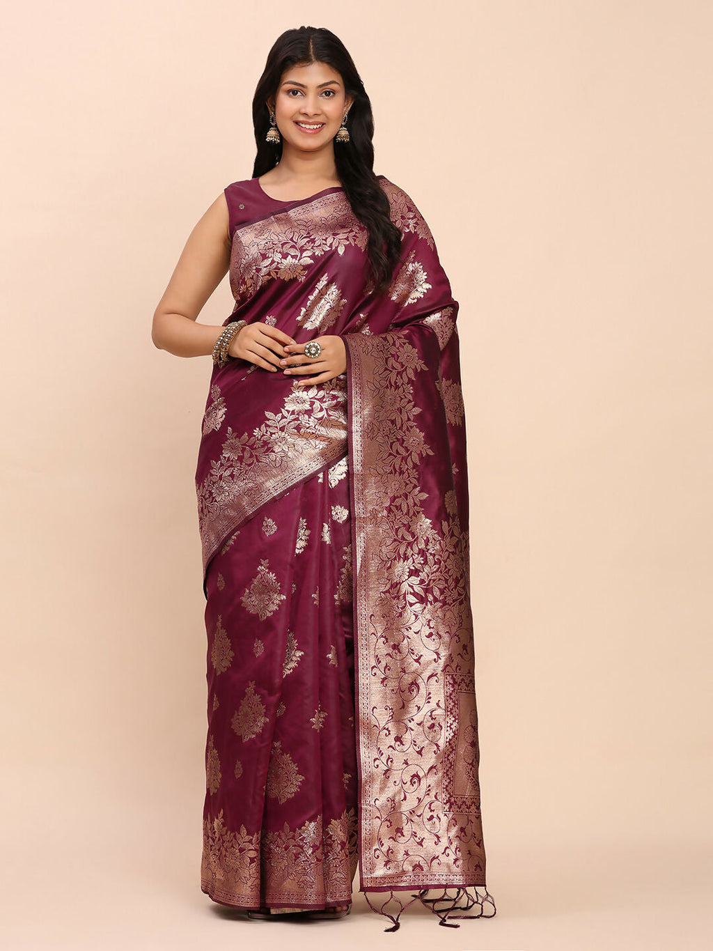 Purple Banarasi silk saree with matching blouse fabric