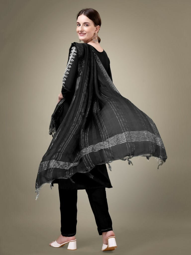 Women's Black Cotton Blend Straight Kurta Set with Sequence Detail