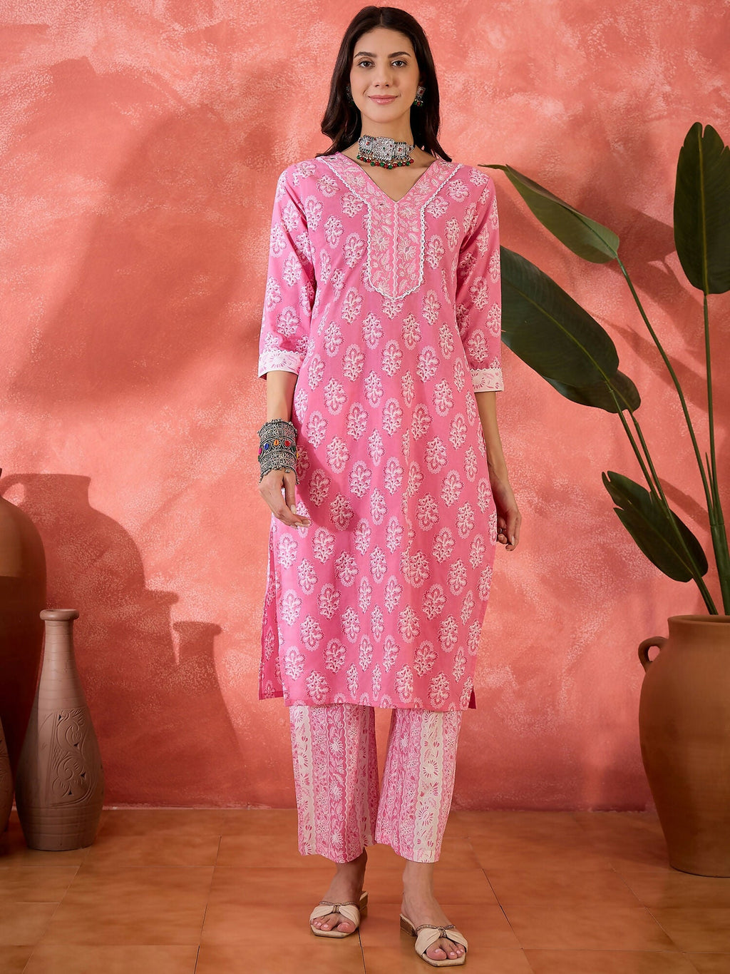 Women's Pink Printed Pure Cotton Kurta Set - Ethnic Wear
