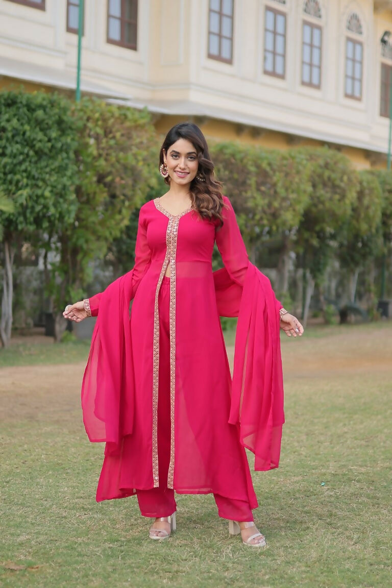 Jyoti Fashion Women's Pink Faux Blooming Embroidered Kurta with Trouser & Dupatta