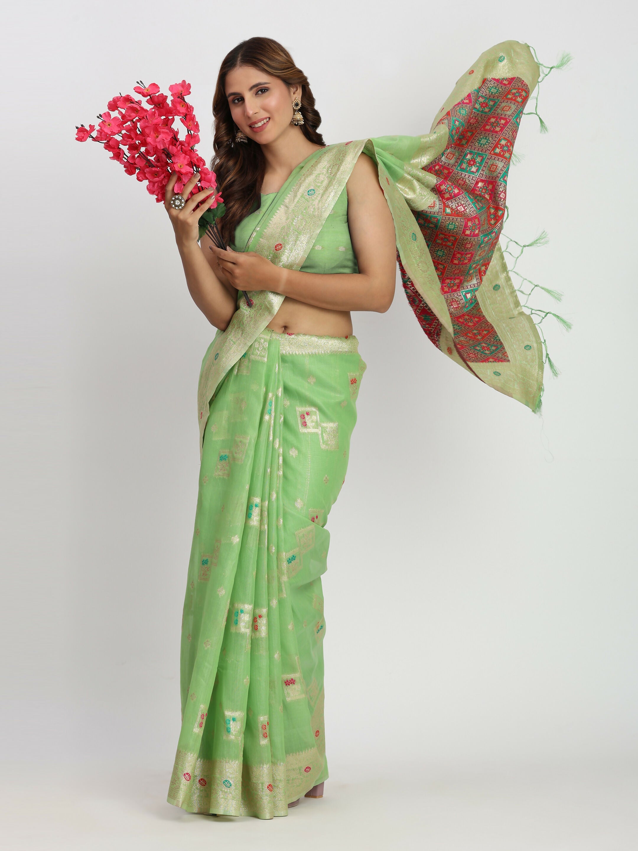 Light Green Linen Cotton Saree with Matching Blouse