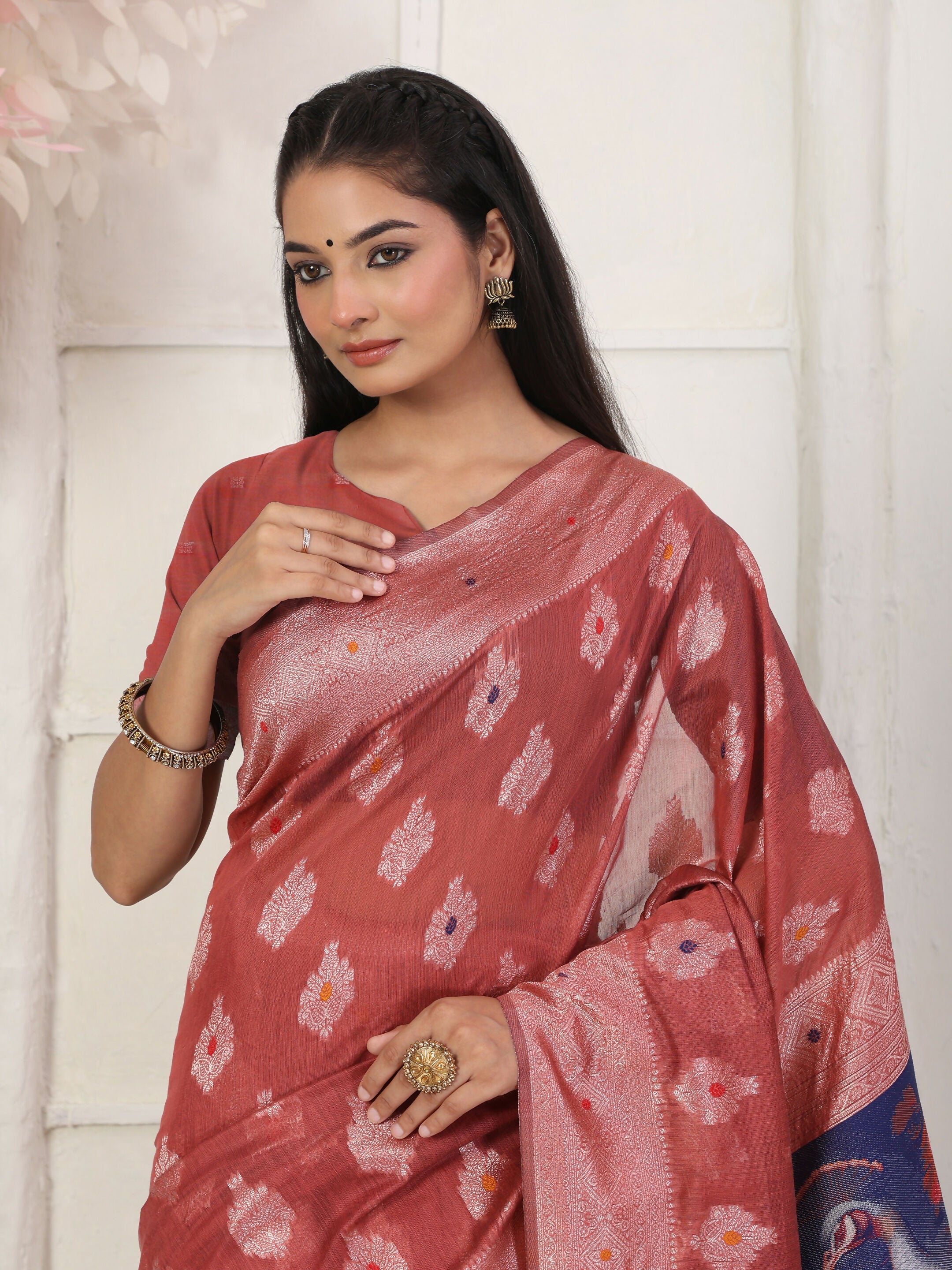 Rust Linen Cotton Saree with Matching Blouse