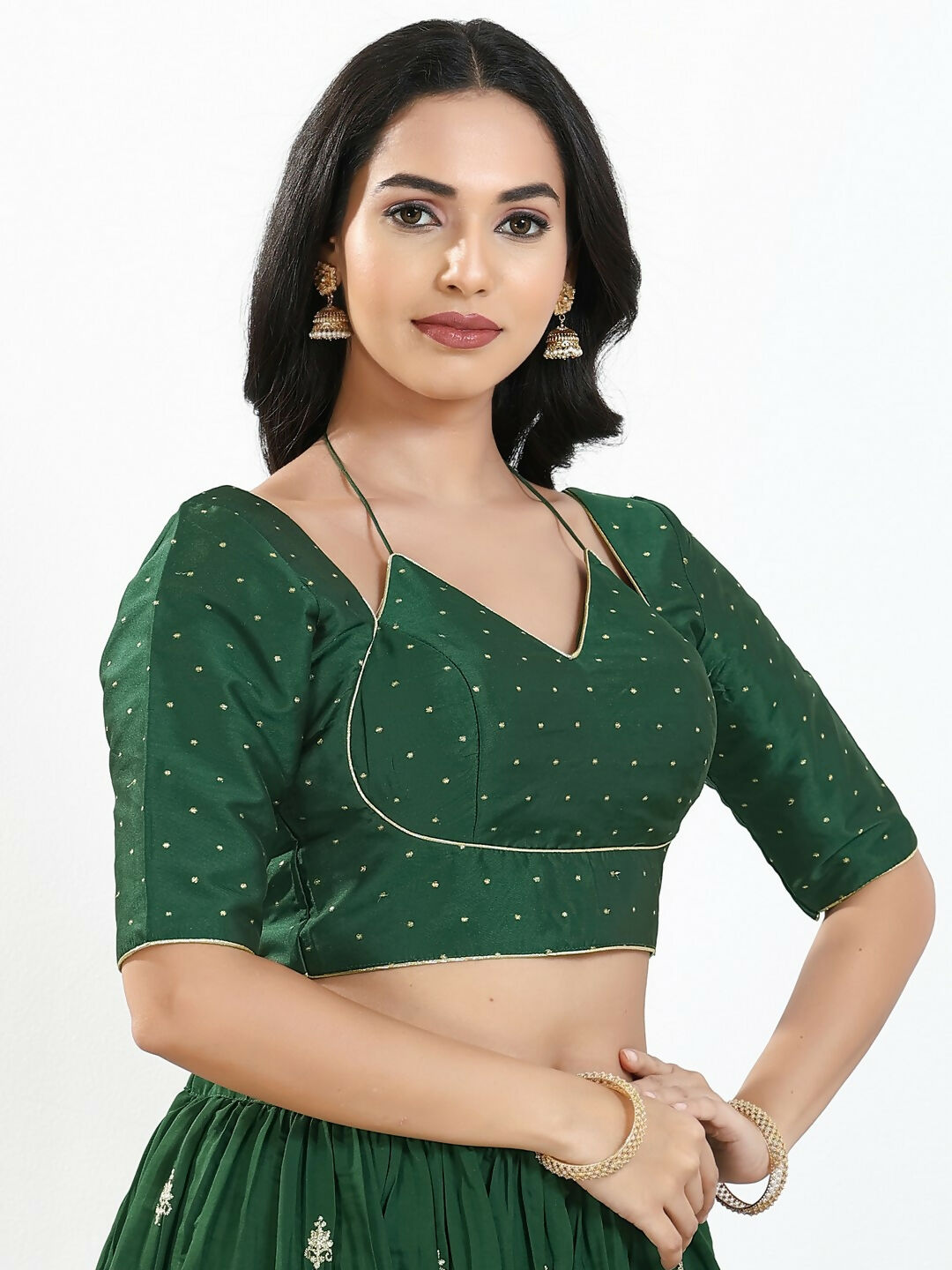 Bottle Green Brocade Padded Blouse with Sweetheart Neck