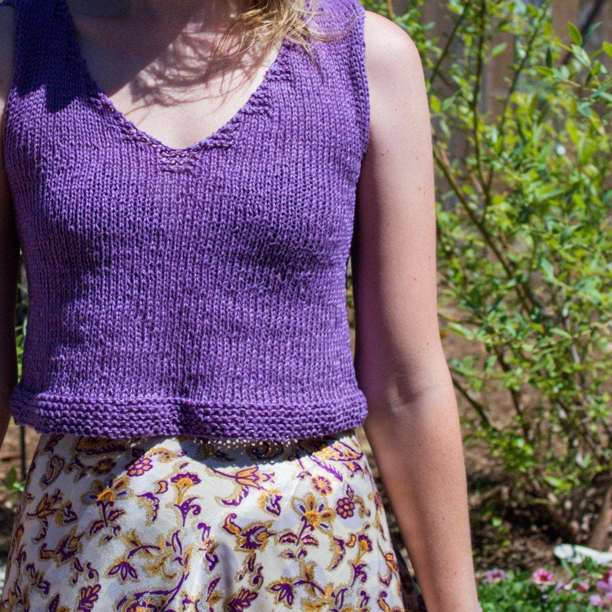 V Neck Crop Top Knitting Pattern - Bohemian Sleeveless Violet Knit