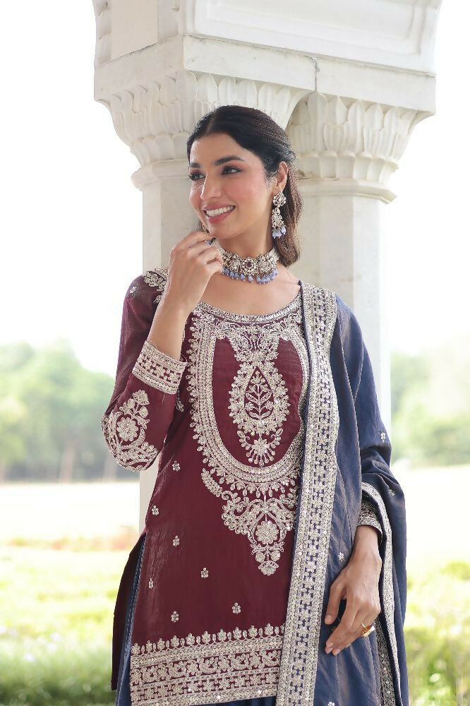 Maroon Silk Kurta Set with Sequins, Zari & Thread Embroidery
