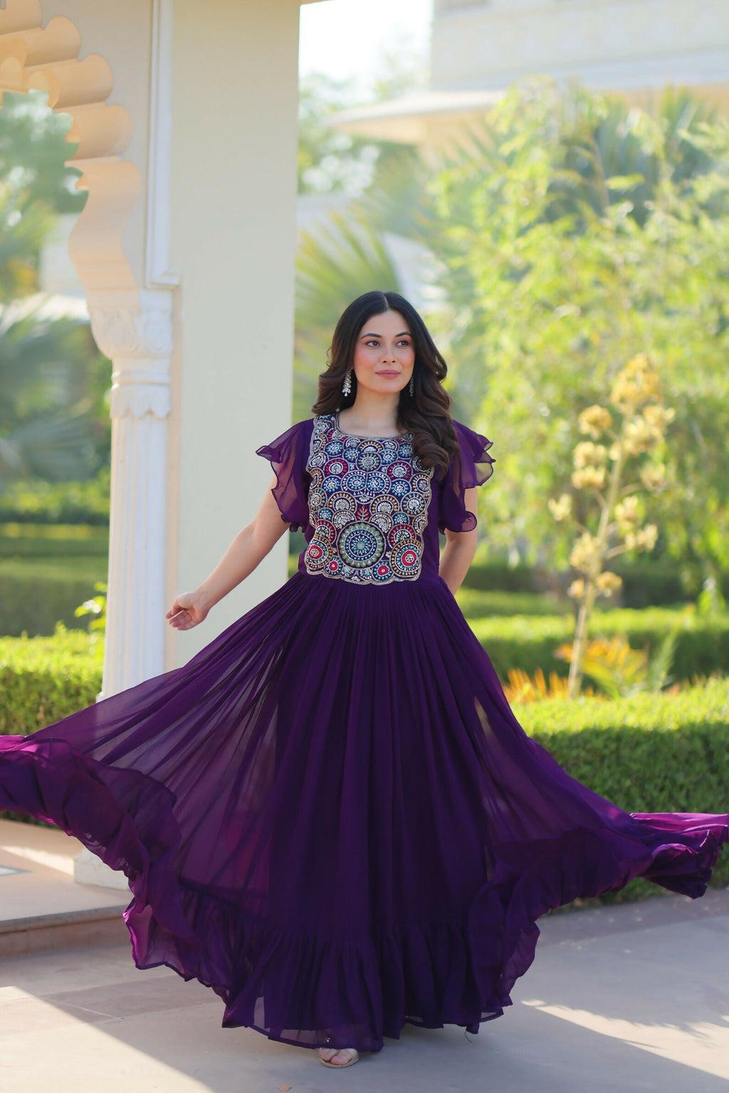 Joban Fashion Purple Georgette Sequence Embroidery Work Gown