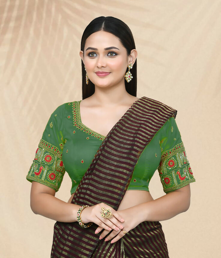 Women's Green Embroidered Art Silk Stitched Ethnic Blouse