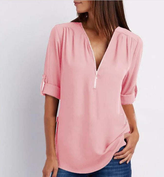 Women's Plus Size V-Neck Zip Chiffon Shirt