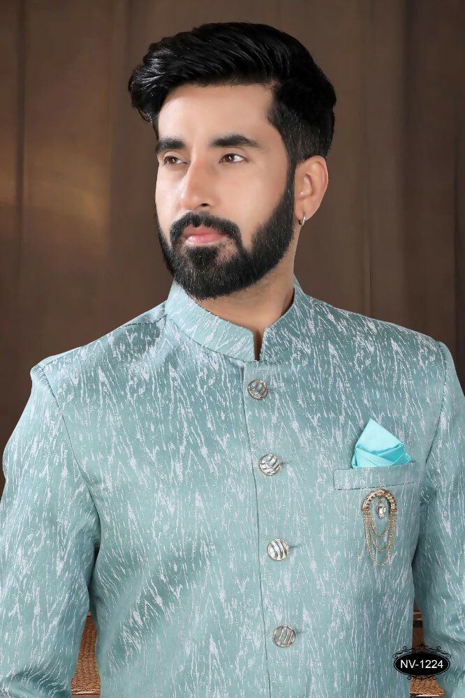 Boys' Green Woven Jacquard Kurta and Pyjama Set