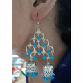 Silver oxidized double jhumka earrings with long dangling blue pearls