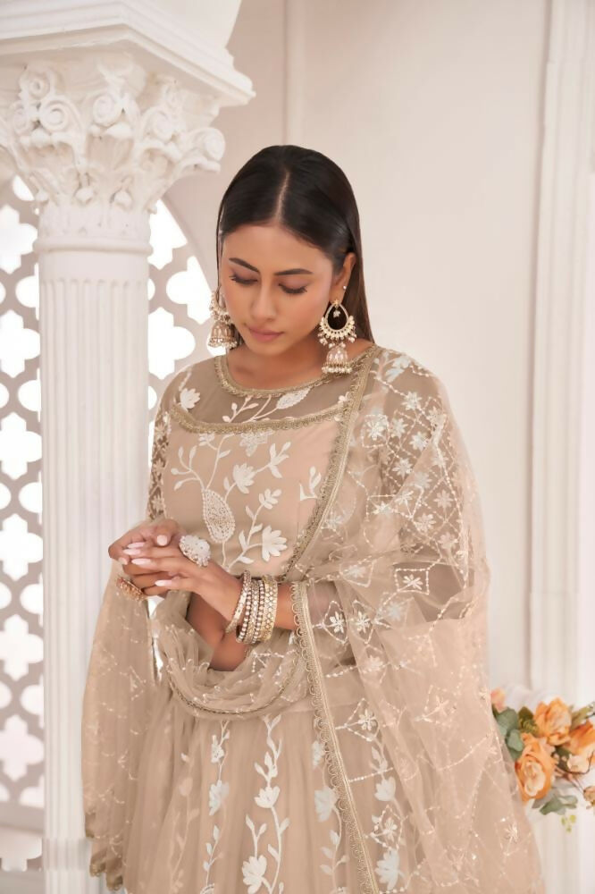 Dusty Chiku Butterfly Net Lehenga with Zari and Sequence Work