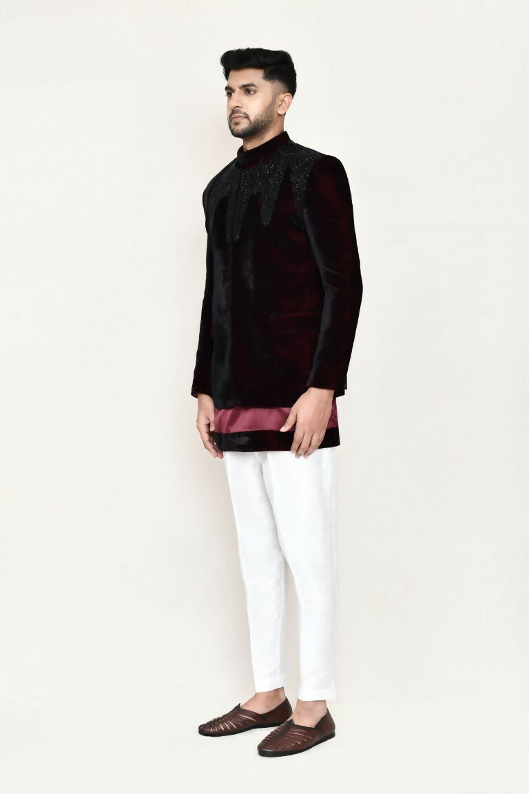 Men's Maroon Satin Silk Prince Coat, Kurta and Pant Set