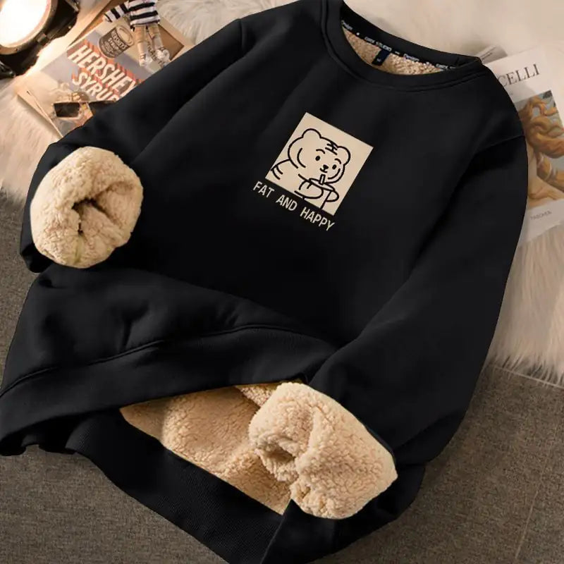 Women's Cream Fleece Lined Graphic Sweater with Cute Bear Print - Image 42