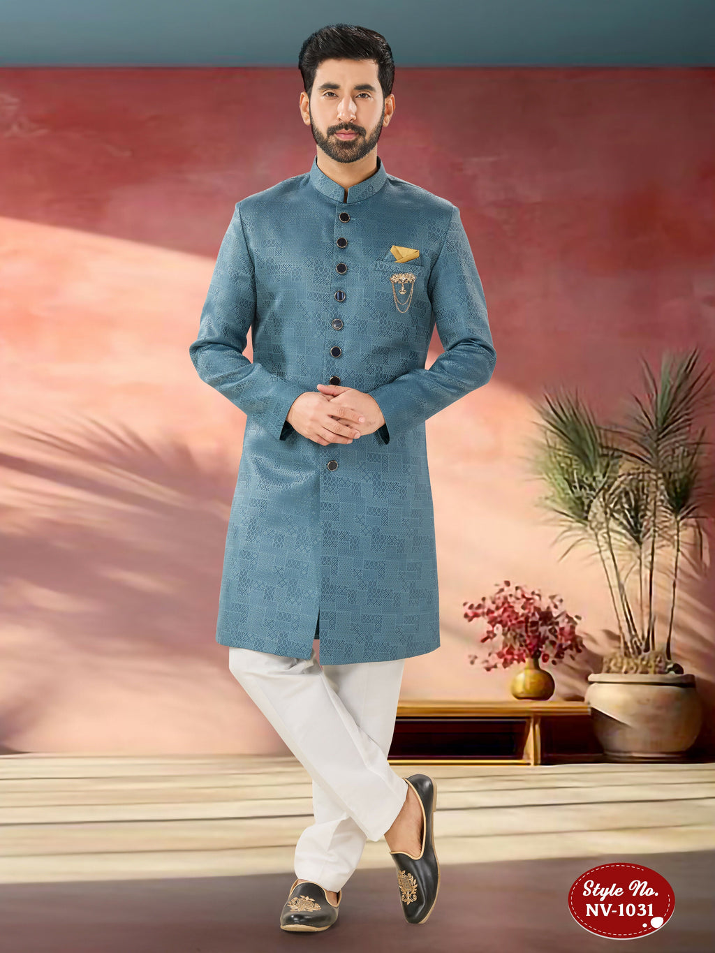 Men wearing a blue Indo-Western straight kurta set in imported TR self-design fabric
